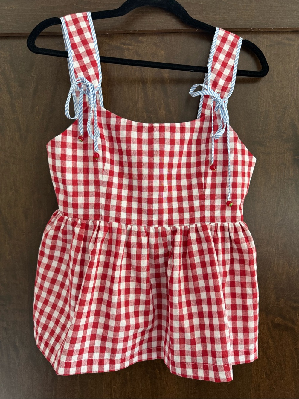 NWT PROSPERINA KACEY RED GINGHAM PRINT COTTON PEPLUM TOP TOMATO 🍅 BEADS